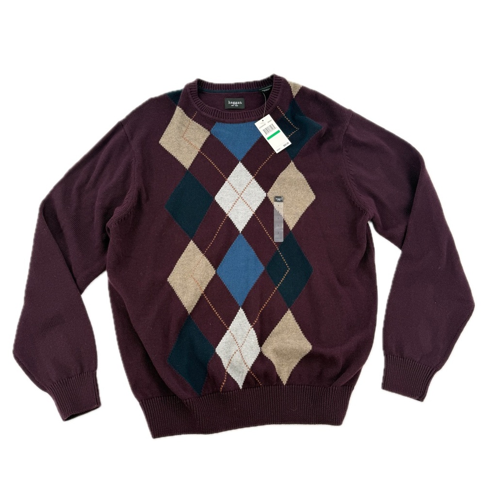 Haggar Argyle Cotton Crew Neck Sweater Burgandy Men's Size Large, NEW w/tags!